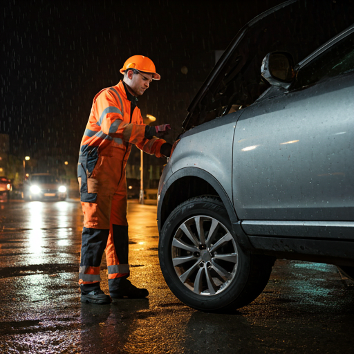 Mechanic changing tire in rain