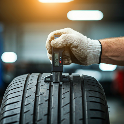Mechanic using digital tread depth gauge